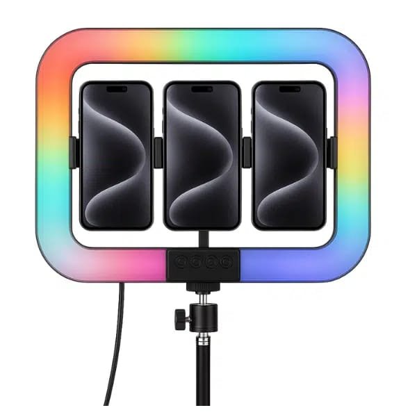 NeePho MJ-38 RGB LED Light Box | Triple Phone Holder | 3 Color Modes + RGB Effects | Dimmable | For YouTube, TikTok, Live, Photography